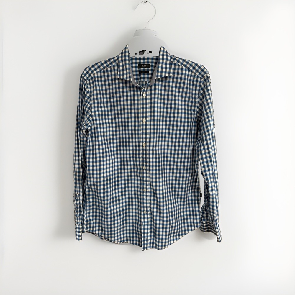 BOSS Hugo Boss Shirt Men's XL Blue Gingham Check Slim Fit Long Sleeve 003